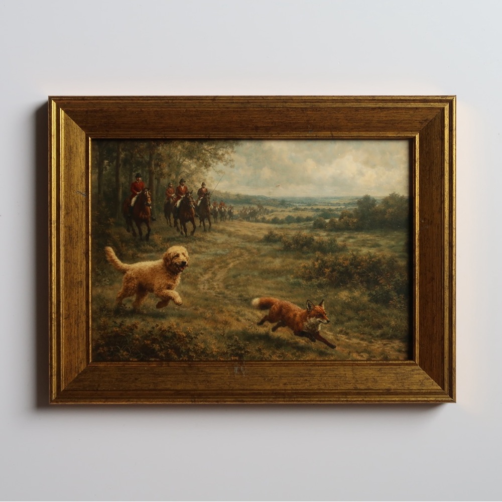 Vintage inspired Hunting Scene Framed Art print in Gold Frame 5x7 Goldendoodle 1